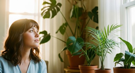 Fototapeta premium Young Woman Gazing Out Window, Dreamy and Contemplative in Soft Sunlight, Tropical Plants Decor