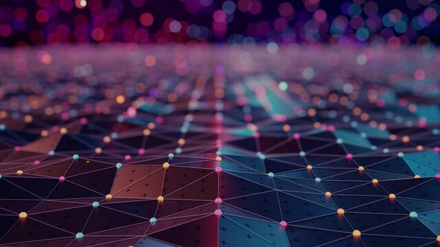 Network plexus of glowing nodes and geometric planes undulating in a continuous CG loop with deep neon bokeh lighting. Technology backgrounds, data visualization, cybersecurity, or AI infrastructure