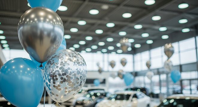 car dealership event with blue and silver balloons