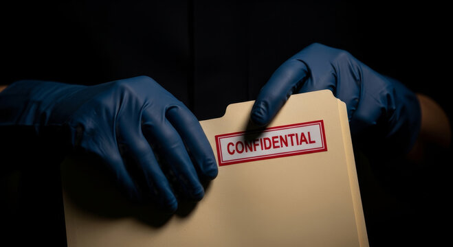 A pair of blue-gloved hands holds a beige folder marked CONFIDENTIAL, highlighting themes of secrecy and caution in a dark setting.