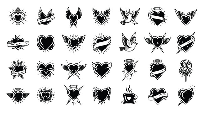 Black and white collection of traditional tattoo style hearts with wings, lightning, and banners love