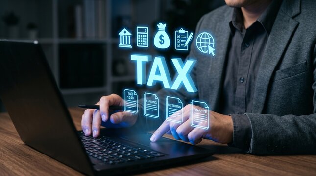 Professional accountant calculating tax returns on laptop with digital icons. Online tax filing, financial audit and corporate accounting services for business success.