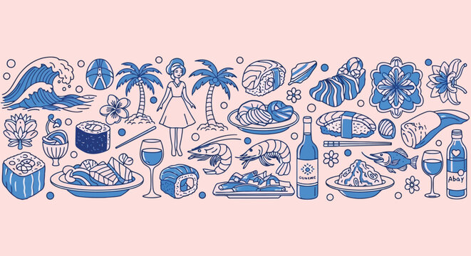 Japanese Food and Tropical Beach Elements Doodle Banner on Pink Background Keywords: sushi, sashimi, shrimp, fish, wine, palm trees, ocean wave, woman, flower, tropical, beach, food, drink