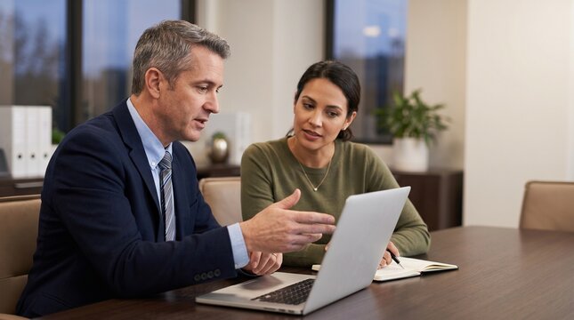 Professional male financial advisor consulting female client with laptop in office. B2B sales representative explaining investment strategy or insurance plan during corporate meeting.