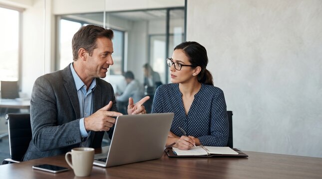 Professional male manager explaining task to young brunette businesswoman with glasses. Business meeting, mentorship, and corporate consulting concept in modern office.