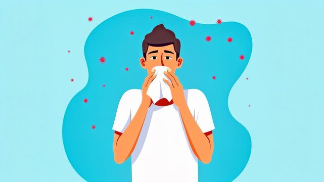 Young man sneezes into tissue. Guy with virus particles around him. Anxious health moment indoors. Pandemic fear, illness prevention. Concept of safety and hygiene.