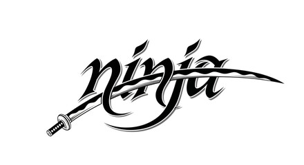 Ninja text logo with a katana sword. © Awaludin