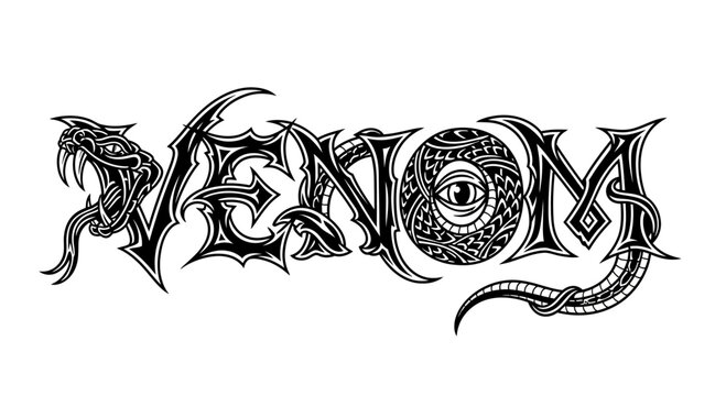Intricate Venom text logo with snake and eye motifs.