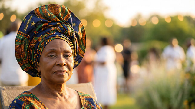 A dignified and pensive portrait of an elderly African American woman adorned in a rich, blue and gold patterned traditional headwrap at a Juneteenth commemorative outdoor celebration. 