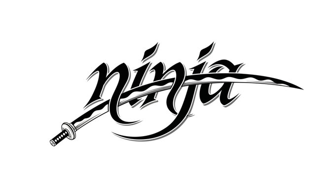 Ninja text logo with a katana sword.