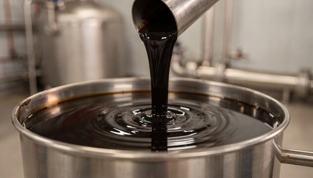 Medium shot showcasing lowimpurity coal tar binder flowing smoothly into a container emphasizing purification for superior electrode quality.