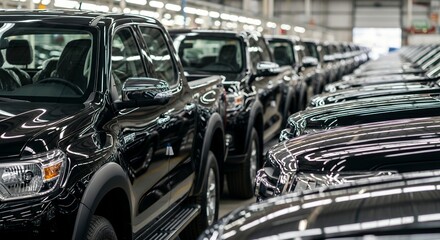 Fototapeta premium Row of new black pickup trucks in modern automotive manufacturing plant