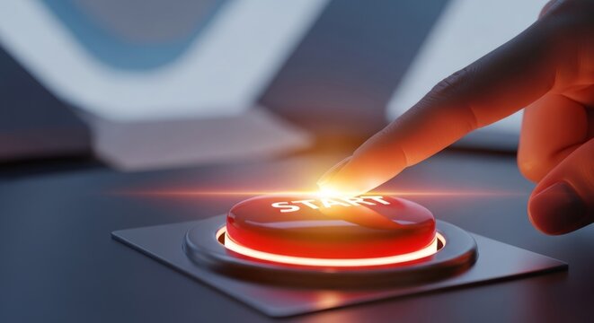 Finger pressing glowing START button, symbolizing launch and new beginnings in a dynamic, modern business environment
