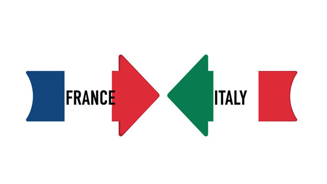 Stylized graphic showing the colors of the french and italian flags as arrows pointing towards each other with country names on white.