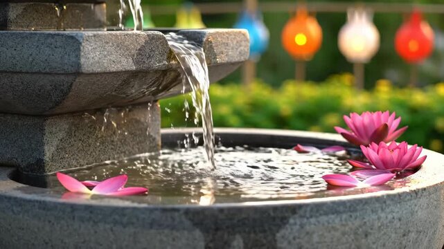 Tranquil water fountain with vibrant lotus flowers and colorful lanterns in garden setting. Water fountain features soothing flow creating serene atmosphere with pink flowers floating gently.