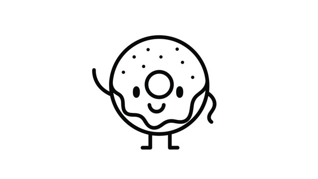 Cute donut character with a smiling face and waving arms is rendered in a simple black outline style on a white background.