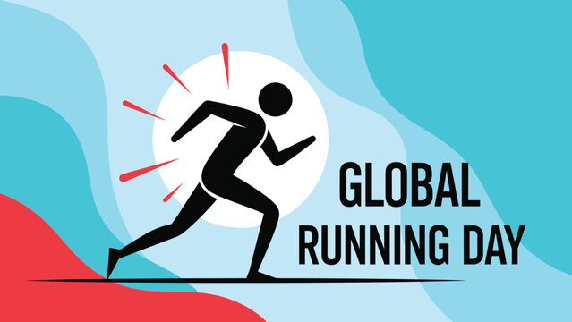 Global Running Day banner with a black stick figure running fast against a white sun and blue wavy abstract background on white.