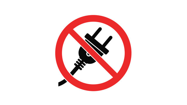 Warning sign with a black electrical plug icon crossed out by a red circle and slash indicating no power or disconnection on white.