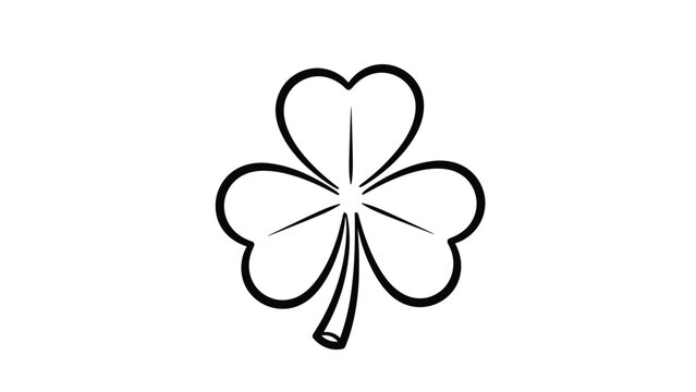 Simple black and white line art drawing of a three-leaf shamrock or clover plant symbol of luck and nature on white background.