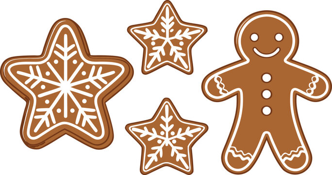 Gingerbread man and decorated cookie stars in brown and white