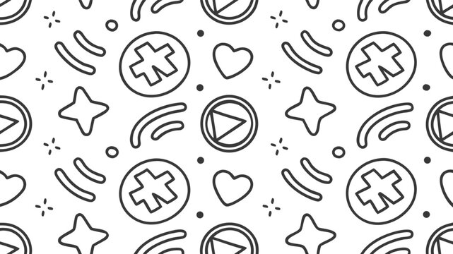 Hand drawn repeating black ink doodle of speech bubbles hearts and stars