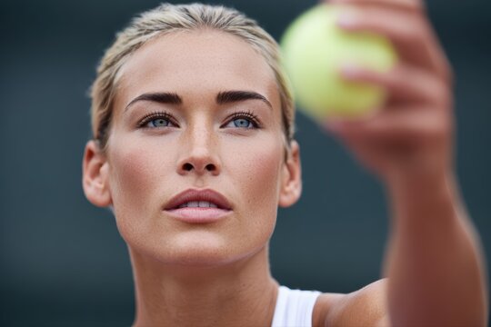 Female tennis player preparing to serve, focused athletic action pose