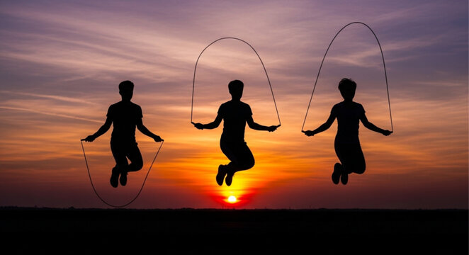 Silhouetted Figures Skipping Rope Against a Vibrant Sunset.