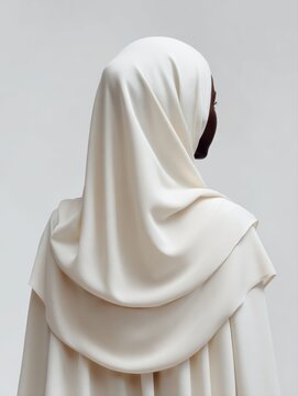 Blank layered hijab fashion worn mockup, elegant modest style draping with soft fabric flow, back view studio portrait, clean white background, high-end fashion editorial photography