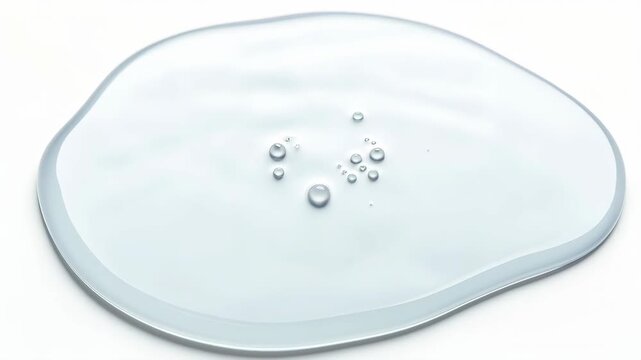 Transparent gel lies on white background. Liquid substance with bubbles. Smooth, glossy macro shot, natural light. Cosmetics ingredient demonstration. Concept of skincare and hydration.