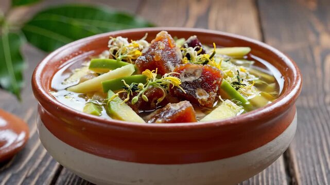Traditional Indian dish with sweet and tangy flavors in a clay bowl, featuring fresh fruits and herbs garnished for festive occasions. This traditional Indian dish enhances meals during celebrations.