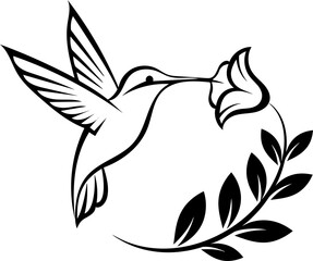 Obraz premium Elegant hummingbird sipping nectar from flower black and white illustration icon design