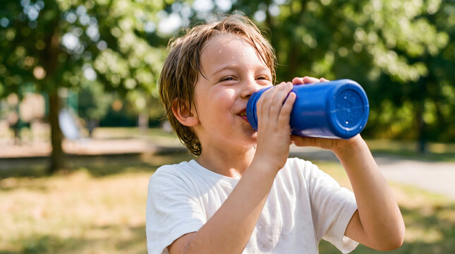 Child drinking water in summer heat
