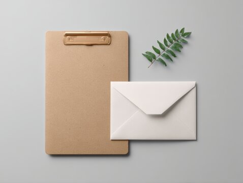 mailer envelope mockup on clipboard, kraft paper texture, office stationery branding template, minimal layout