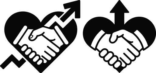 Obraz premium Two vector illustrations of a handshake within a heart shape symbolizing partnership and growth with black and white handshake partnership business
