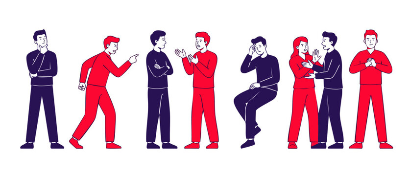 People interacting with emotions, diverse body language and conflict communication set. Flat vector illustration of human behavior, stress, debate, disagreement, discussion and interpersonal relations