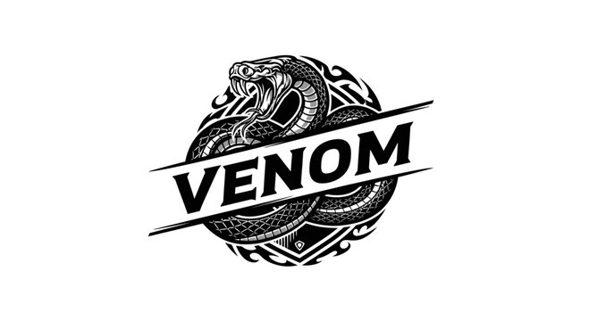 Venom logo with snake illustration.