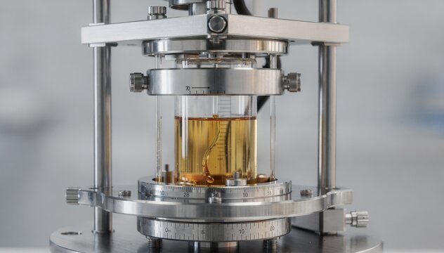 Medium shot focused on detailed interface of viscometer equipment measuring oil viscosity emphasizing clear fluid contours and exact calibration.