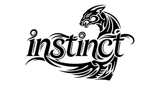 Tribal style panther and instinct text tattoo design.