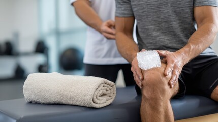 Obraz premium Athlete seated on treatment bench while rehabilitation coach applies ice therapy to swollen knee