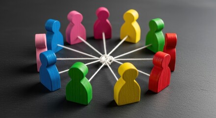 Obraz premium colorful wooden figures in circle tied to central knot on dark desk, diverse teamwork, global networking, unity, community, collaboration, business connection, social network, group