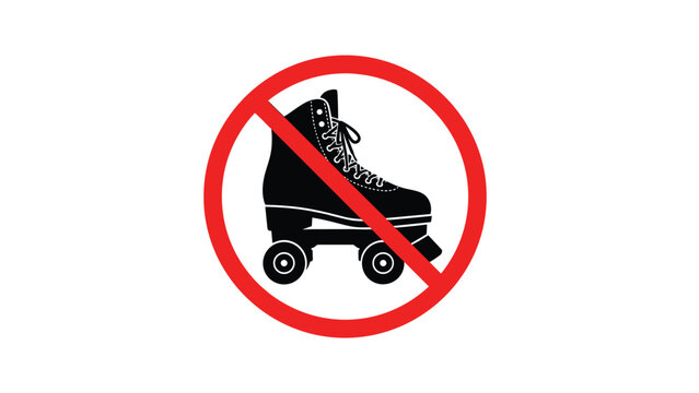 Red prohibition circle with a diagonal slash over a black roller skate silhouette indicating a no skating zone rule.