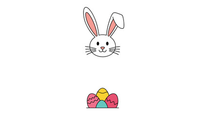 Fototapeta premium Minimalist line drawing of a rabbit head peering over a stack of three colorful and patterned easter eggs for spring holiday.