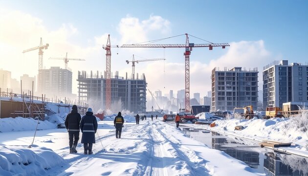 Winter construction site with cranes and buildings under construction.