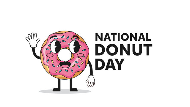 Cheerful pink glazed donut with sprinkles is a fun cartoon character celebrating national donut day with a wave.