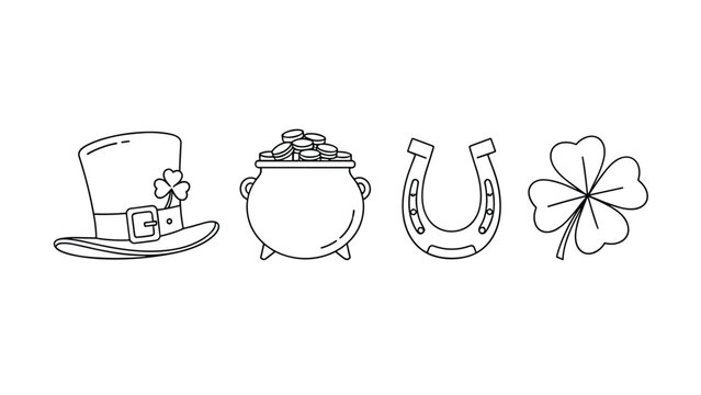 Saint patricks day collection includes a leprechaun hat, pot of gold, horseshoe, and shamrock in line art for coloring fun.