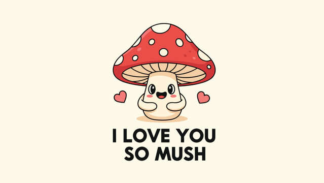 Adorable red mushroom character with a happy face and small hearts says i love you so mush in a pun-filled message for a card.