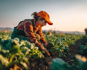 Fototapeta premium Young farmer kneeling amidst lush greenery, a symbol of growth and dedication, bathed in the soft light of a tranquil evening landscape.