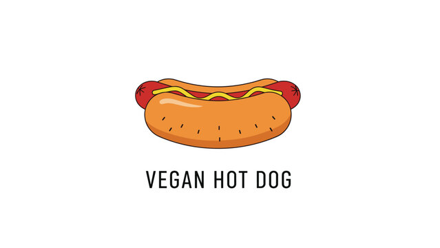 Food illustration of a vegan hot dog in a soft bun topped with a squiggly line of yellow mustard and descriptive text written at the bottom.