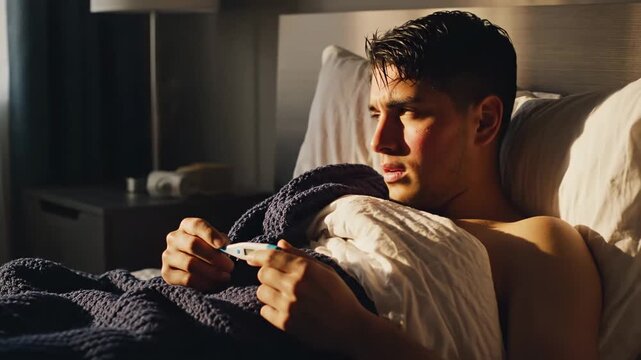 A Sick Man Checks Temperature in Bed at Sunrise, Feeling Unwell and Ill