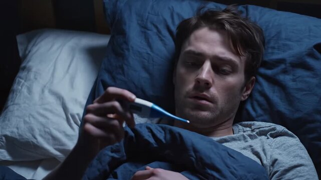 A Sick Man Checks The Temperature At Bed, Measuring Fever, Worried Look on the Face
